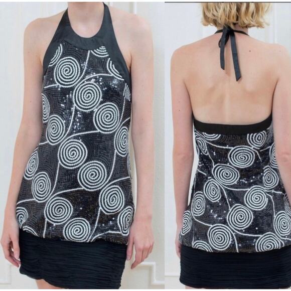 Cache Y2K Glam 90's Black White Sequin Mini Cocktail Party Dress Size 2 - Picture 1 of 10